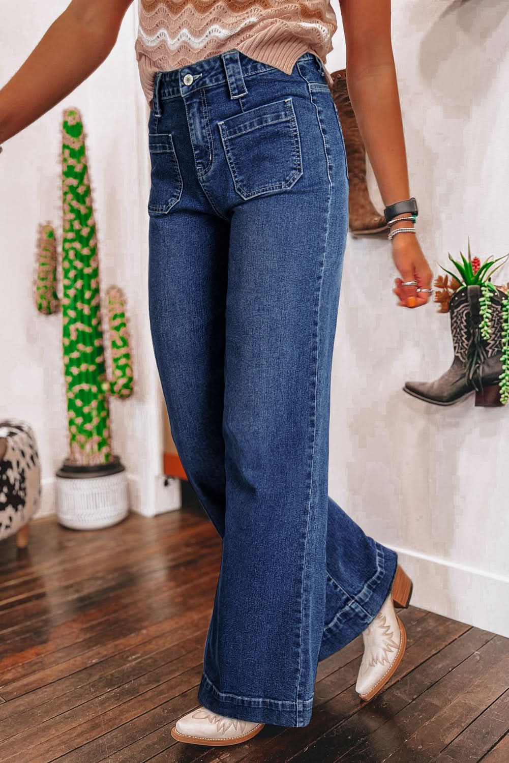 Sail Blue High Waist Wide Leg Jeans With Patch Pockets Denim