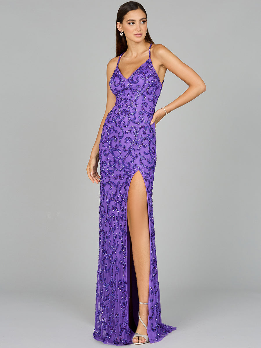 Sultry Beaded Gown with Slit Purple Lara New York Prom Dress Pageant