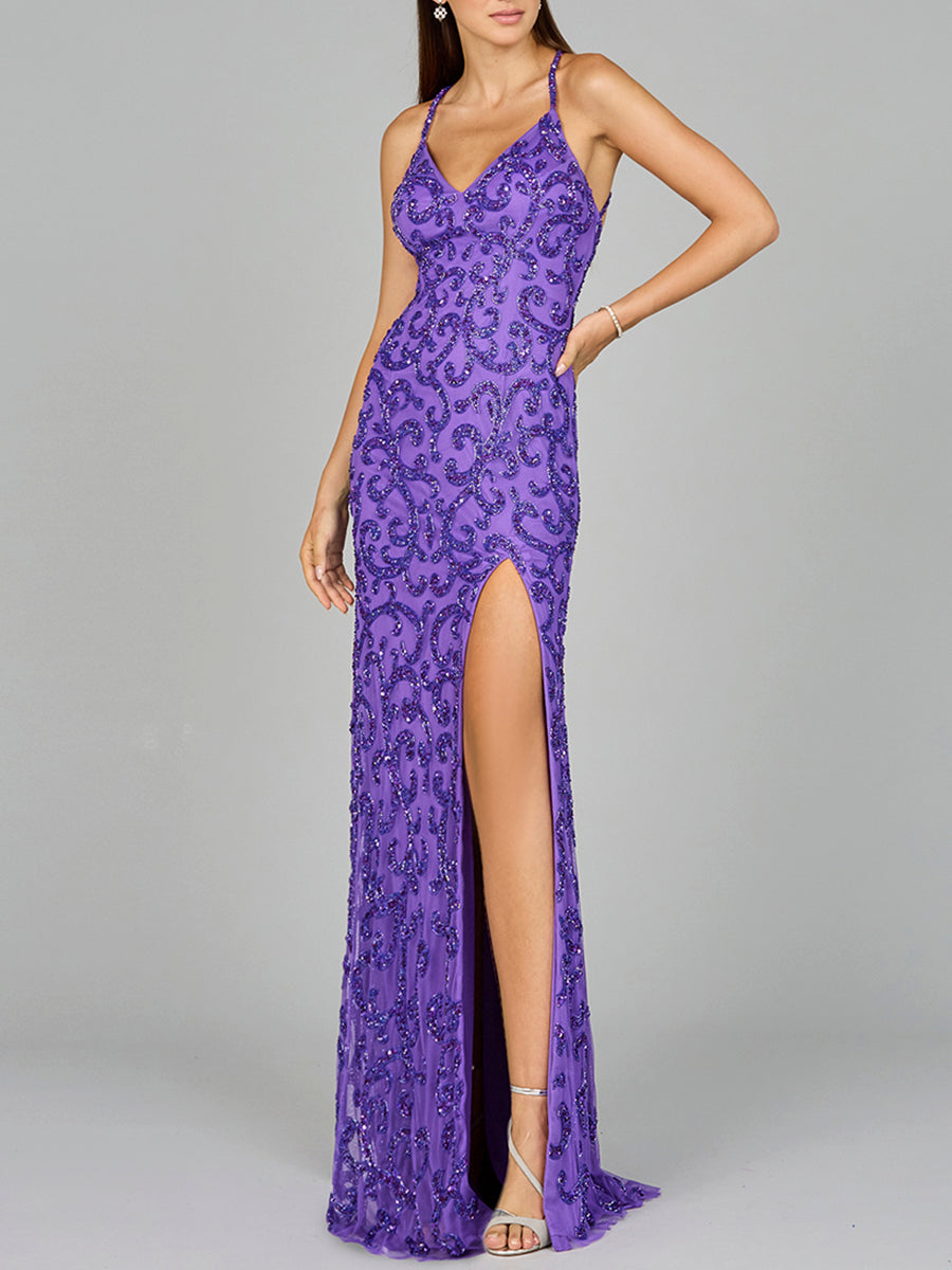 Sultry Beaded Gown with Slit Purple Lara New York Prom Dress Pageant