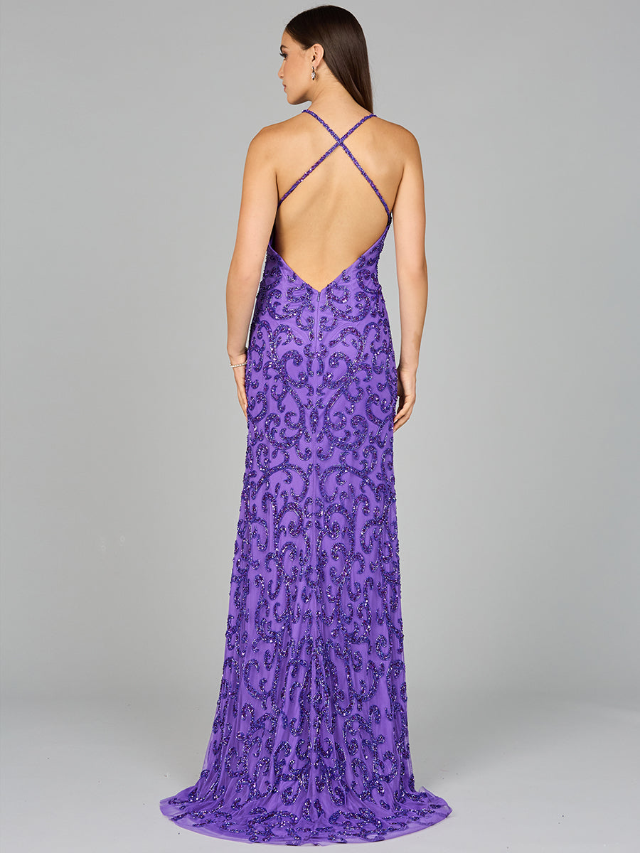 Sultry Beaded Gown with Slit Purple Lara New York Prom Dress Pageant