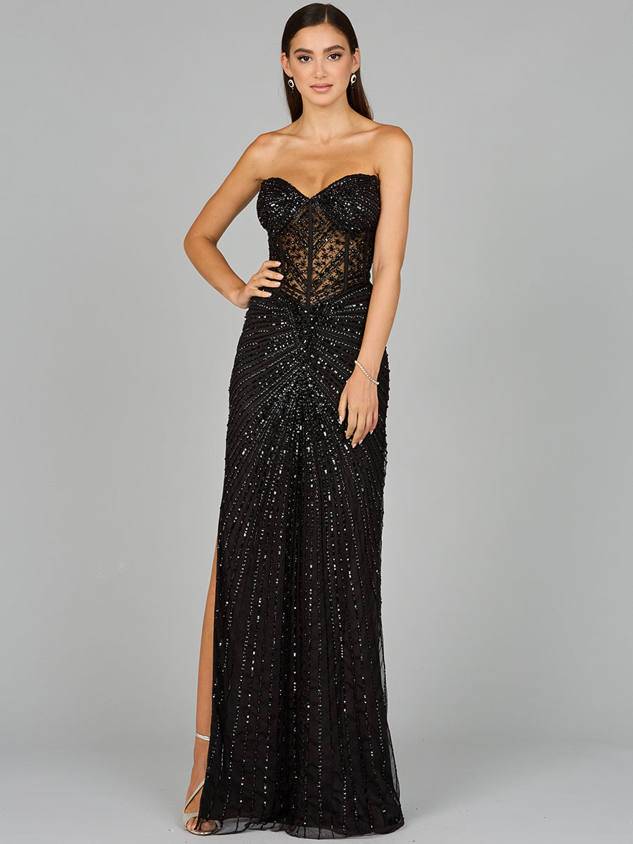 Embellished Long Strapless Gown with Slit beads rhinestones sweetheart dress Prom Lara corset