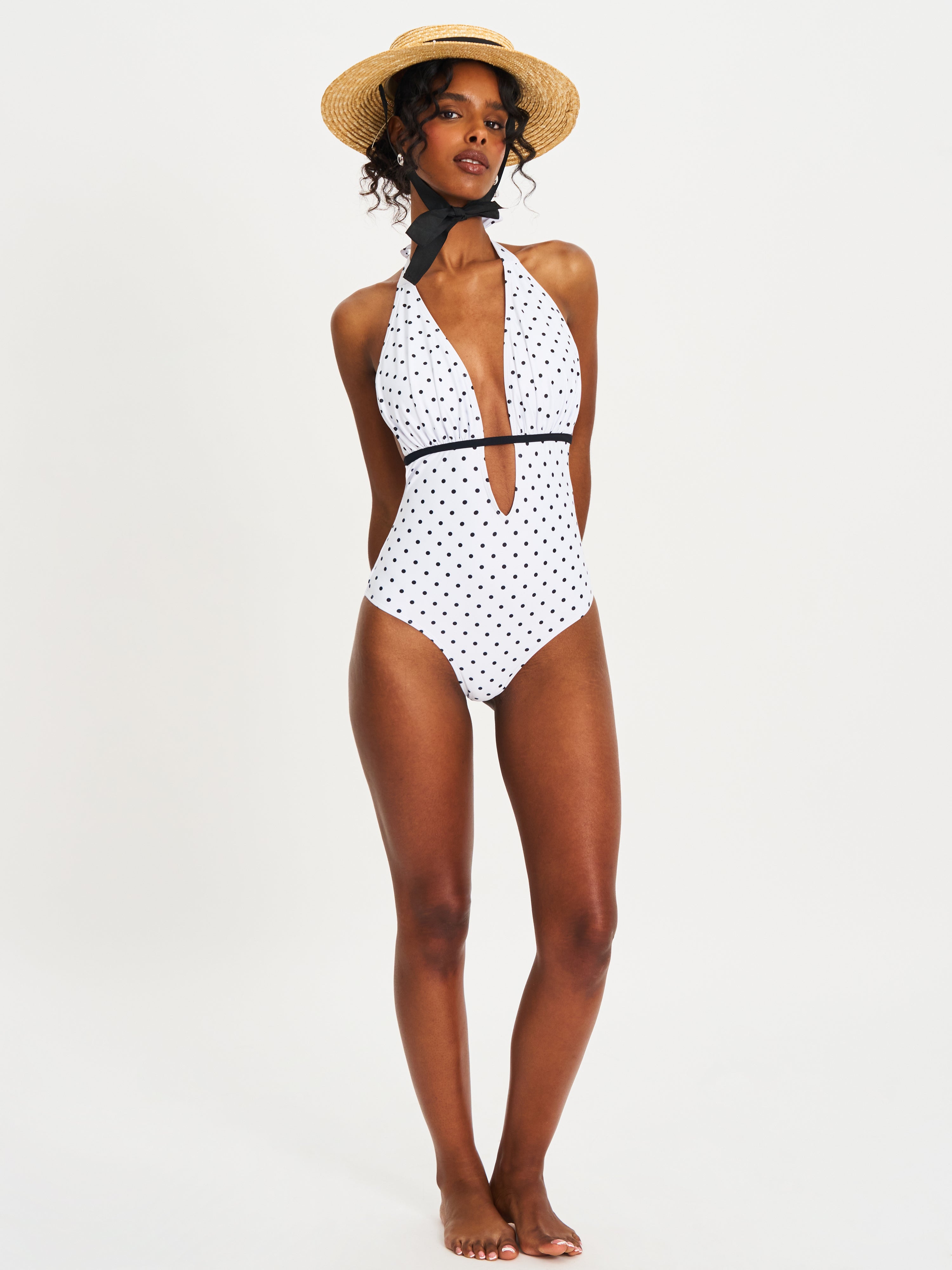 Olive Polka Dot Ruched Halter Backless Swimsuit Black White beach cruise