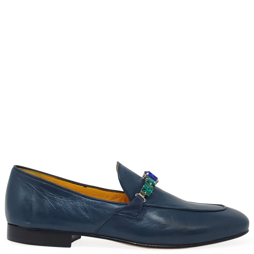 Blue Leather Flat Jeweled Loafers career Madison Maison Italy