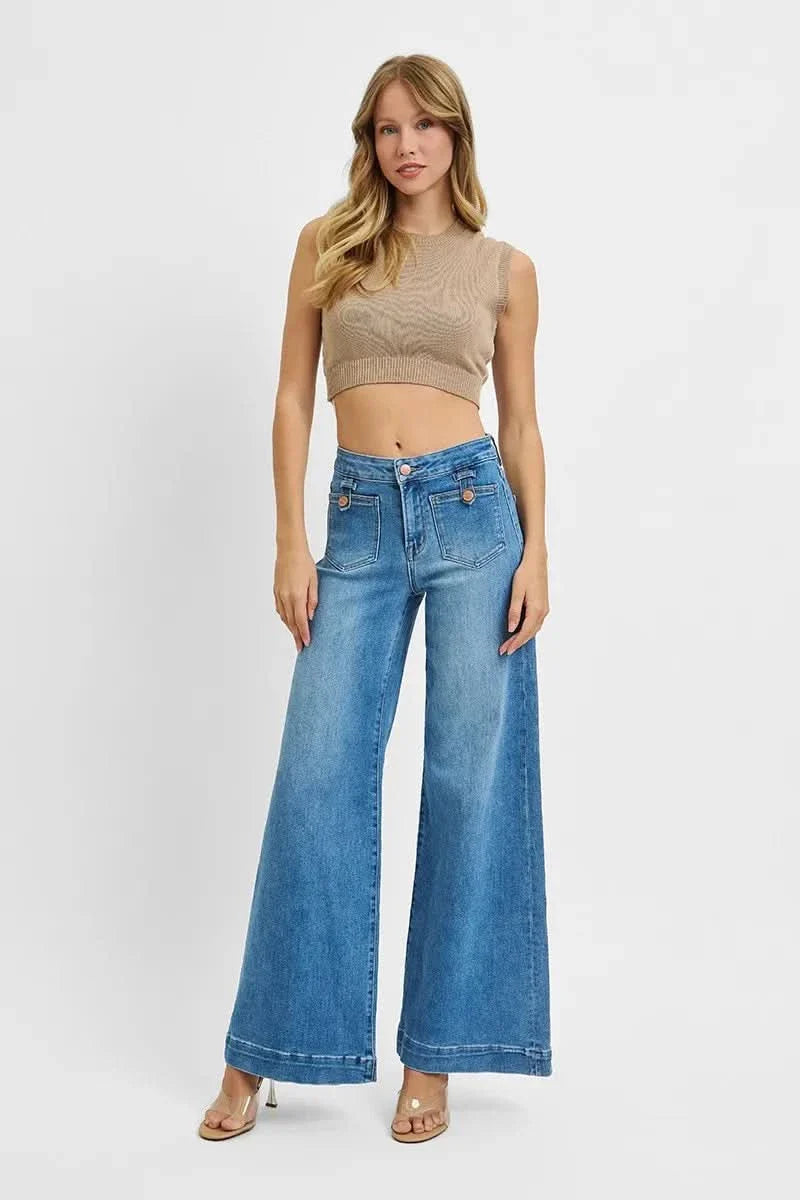 RISEN Mid Rise Wide Leg Jeans With Patch Pockets avail. in Plus Size
