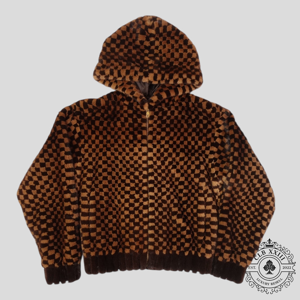 Louis Vuitton Damier Intarsia Mink fur Zipped Hoodie in Brown zip Men's 52