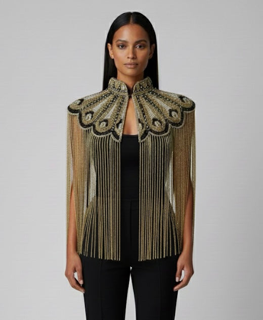 Gilded Fleur Cape Gold Black Silver Beaded fringe Wrap Dressy Formal
