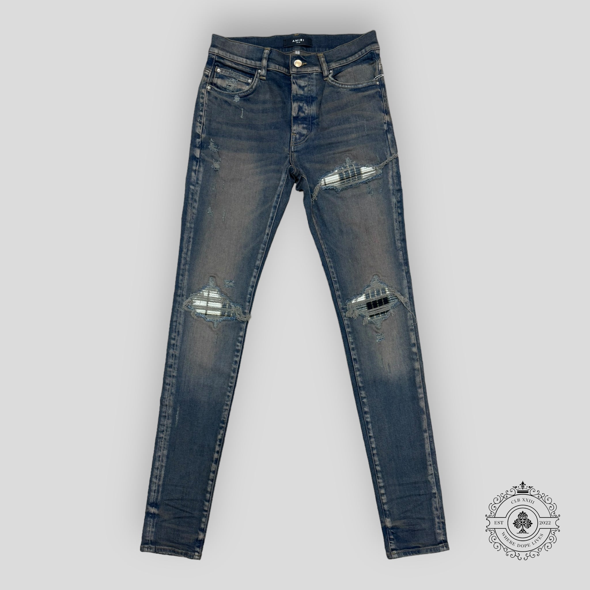 Amiri MX1 Plaid Patch Blue Jeans in Dark Indigo