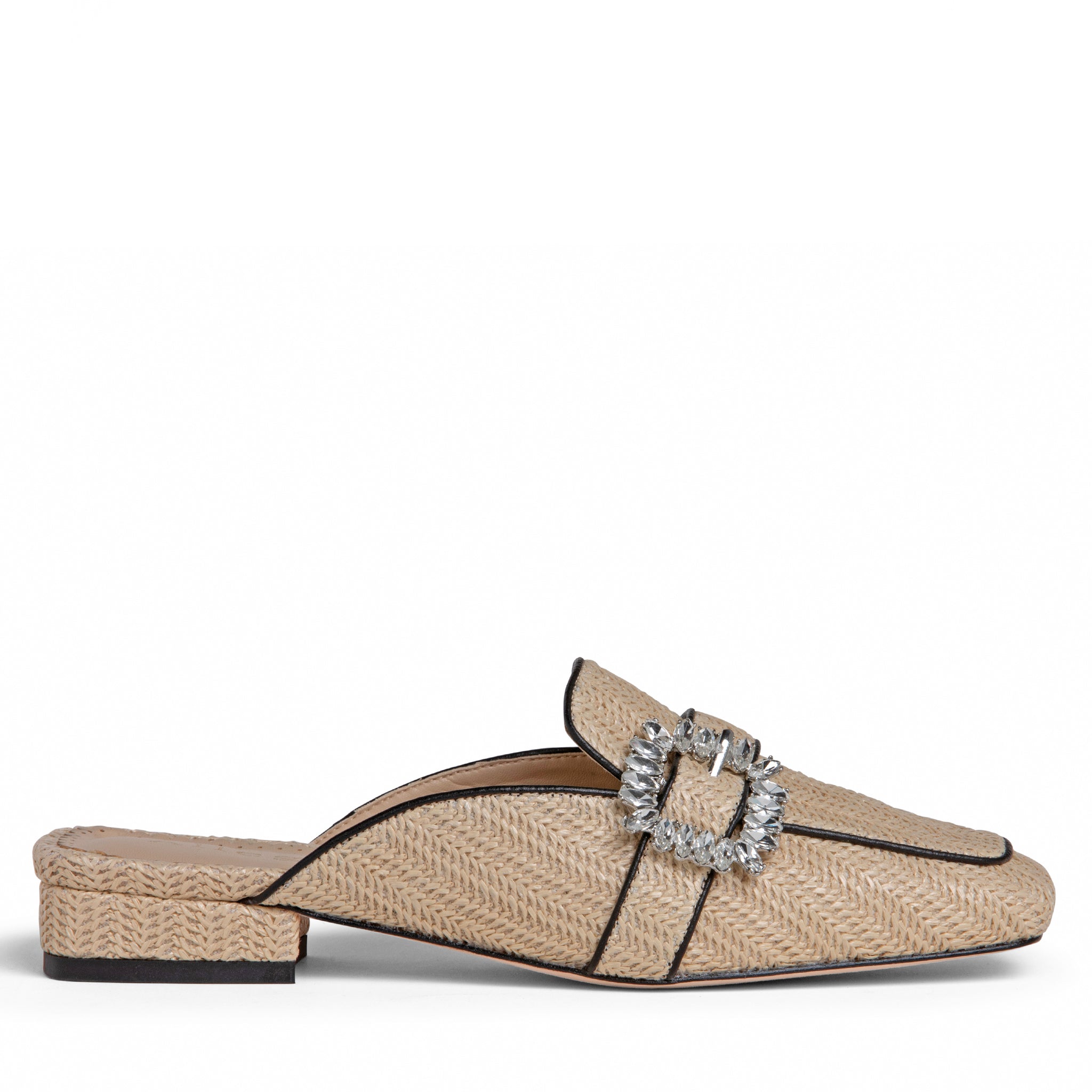 Allegra James Anais Flat Mule natural raffia & crystals shoe