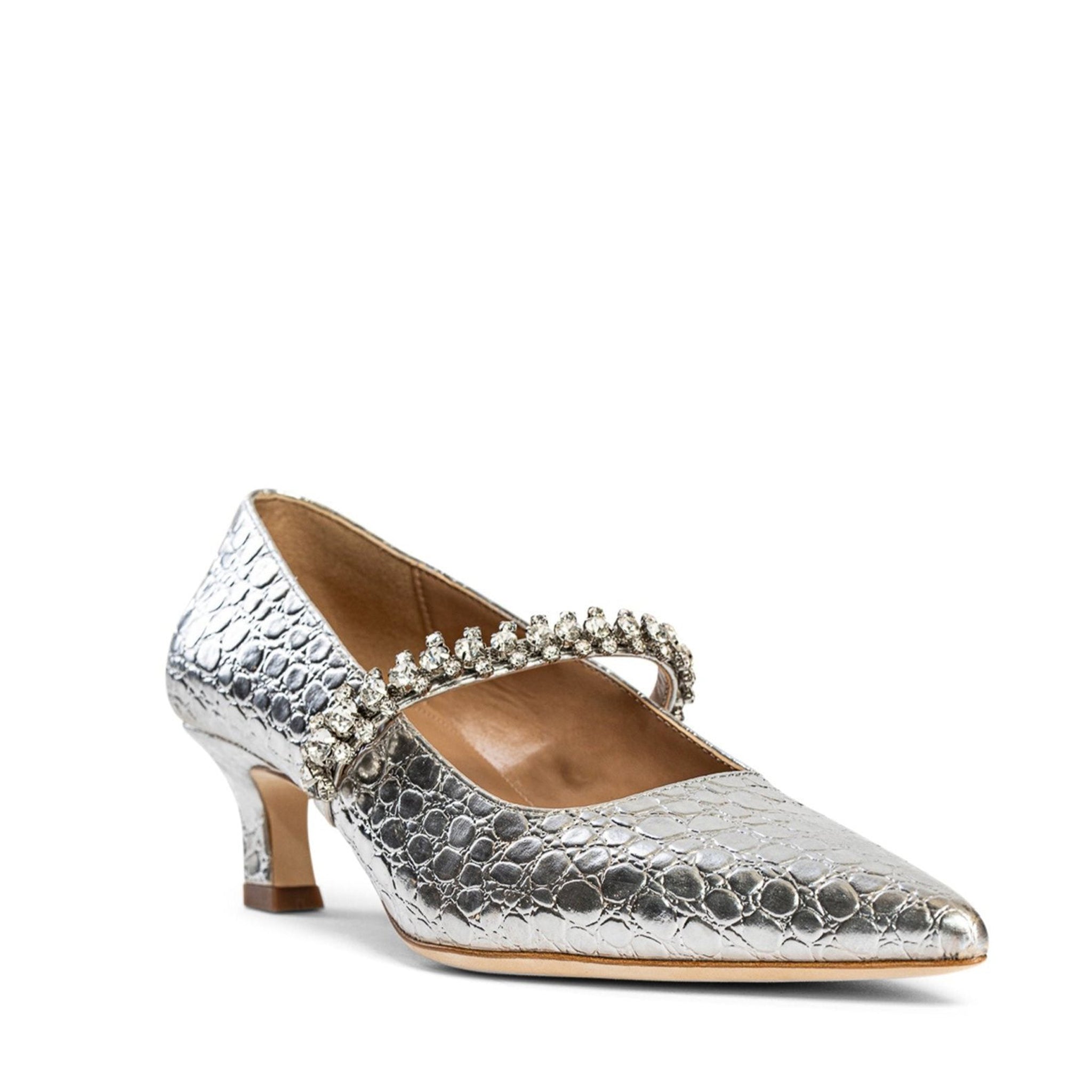 Allegra James Antonella Embossed Leather Pump kitten heel silver