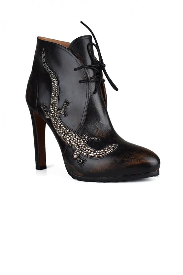 Ralph Lauren Ladies leather Reanna Boots brown heels iguana decoration