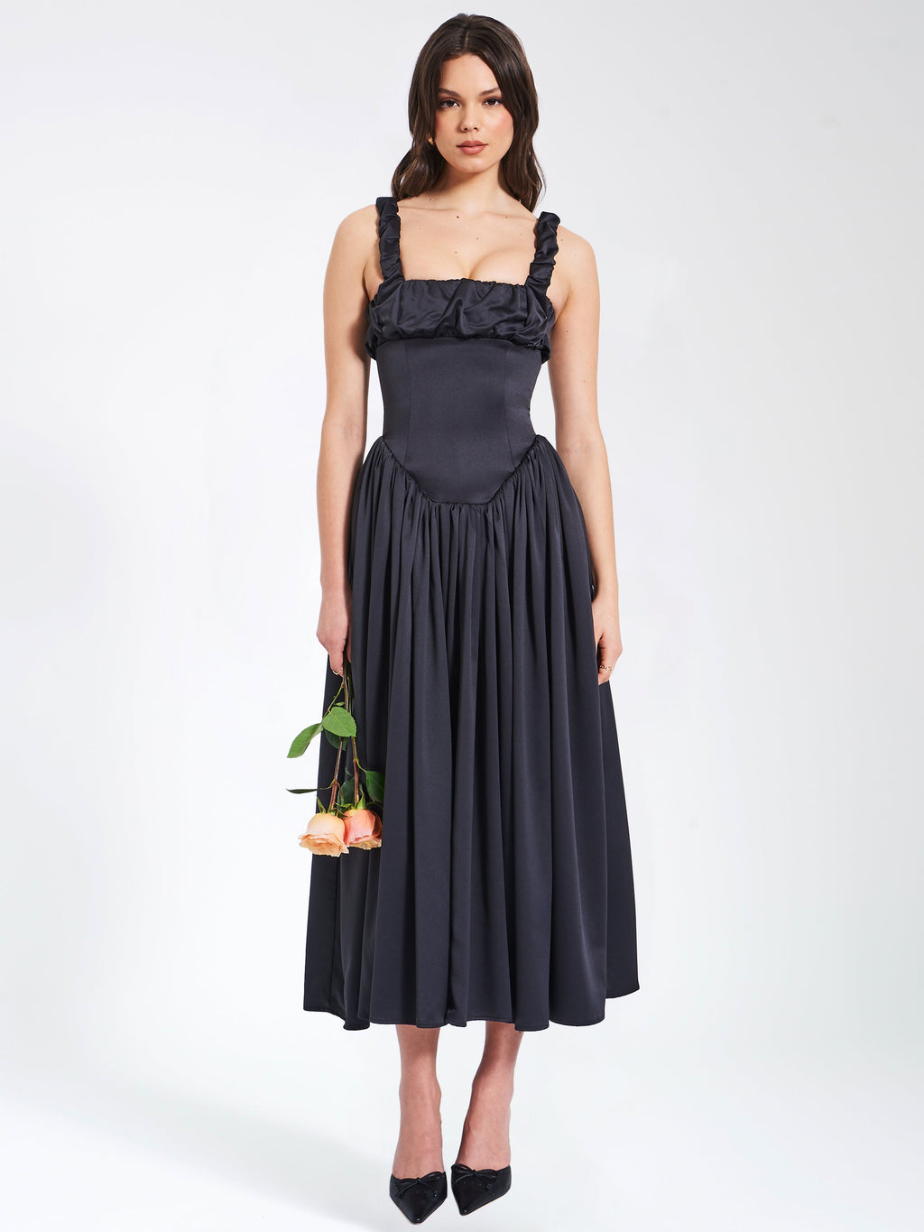 Noreen Black Satin Drop Waist Maxi Sundress Party Cocktail