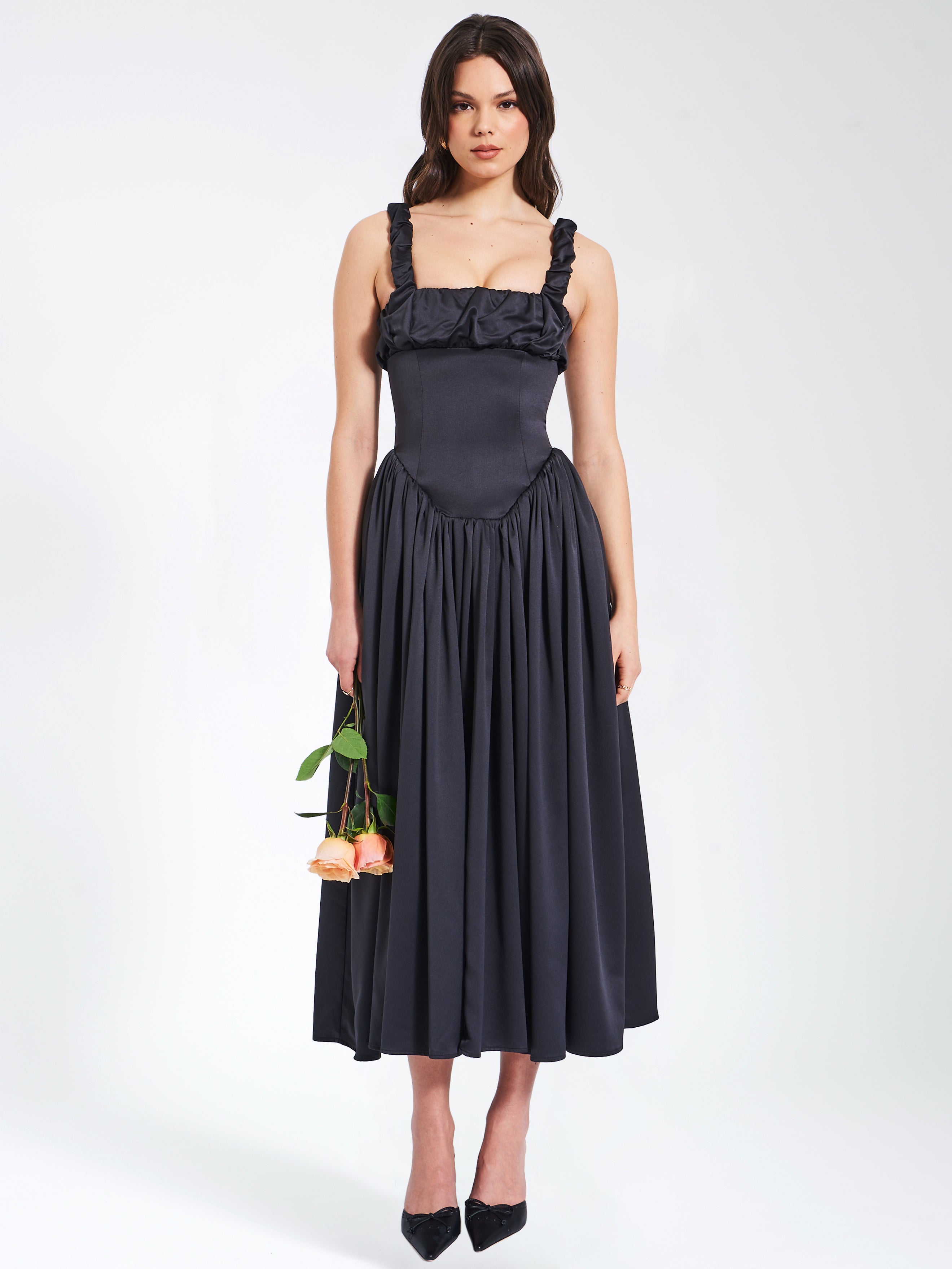 Noreen Black Satin Drop Waist Maxi Sundress Party Cocktail