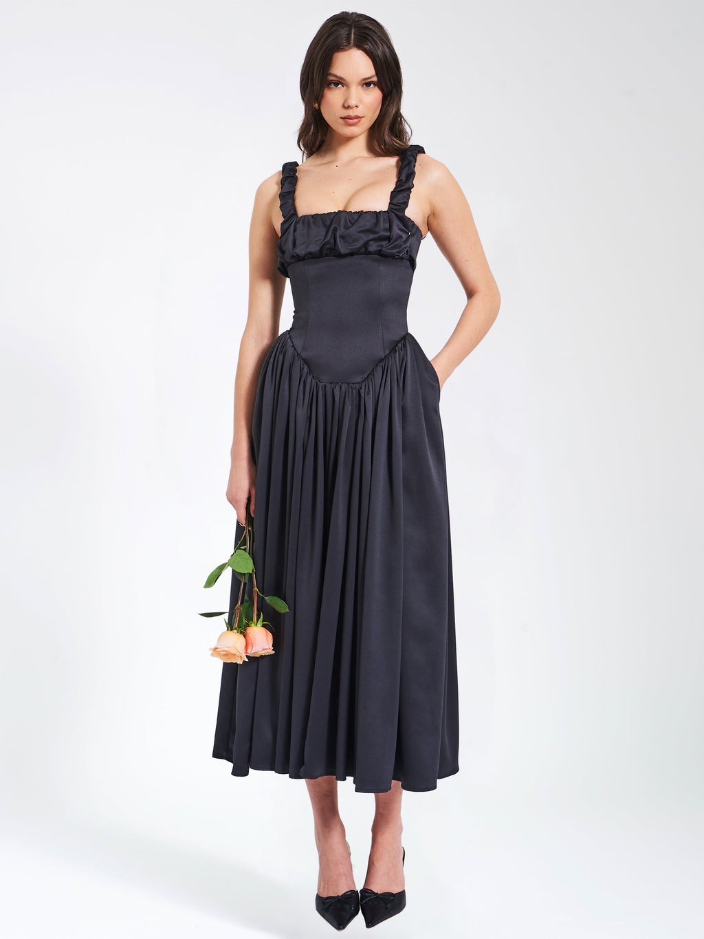 Noreen Black Satin Drop Waist Maxi Sundress Party Cocktail