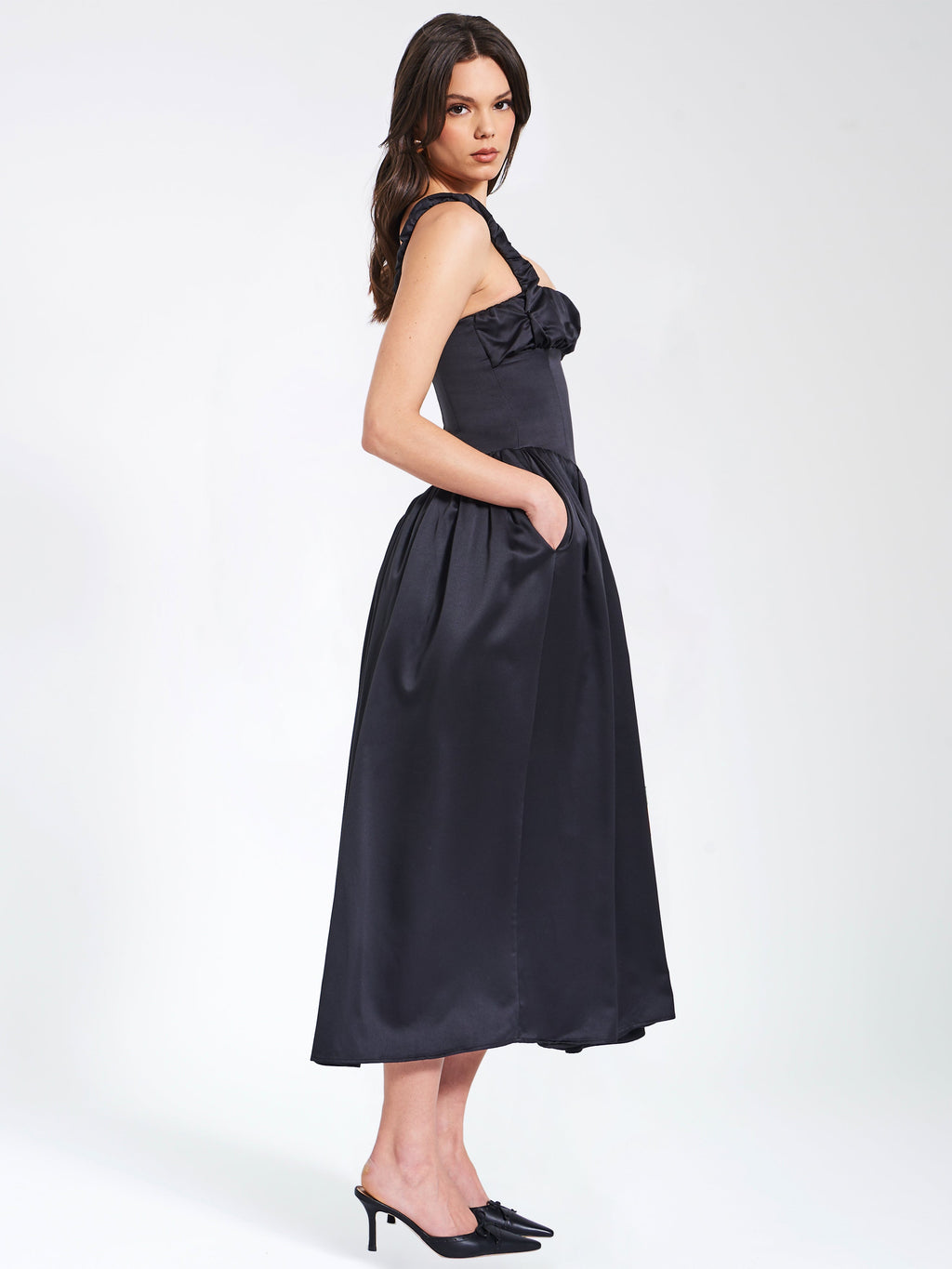Noreen Black Satin Drop Waist Maxi Sundress Party Cocktail