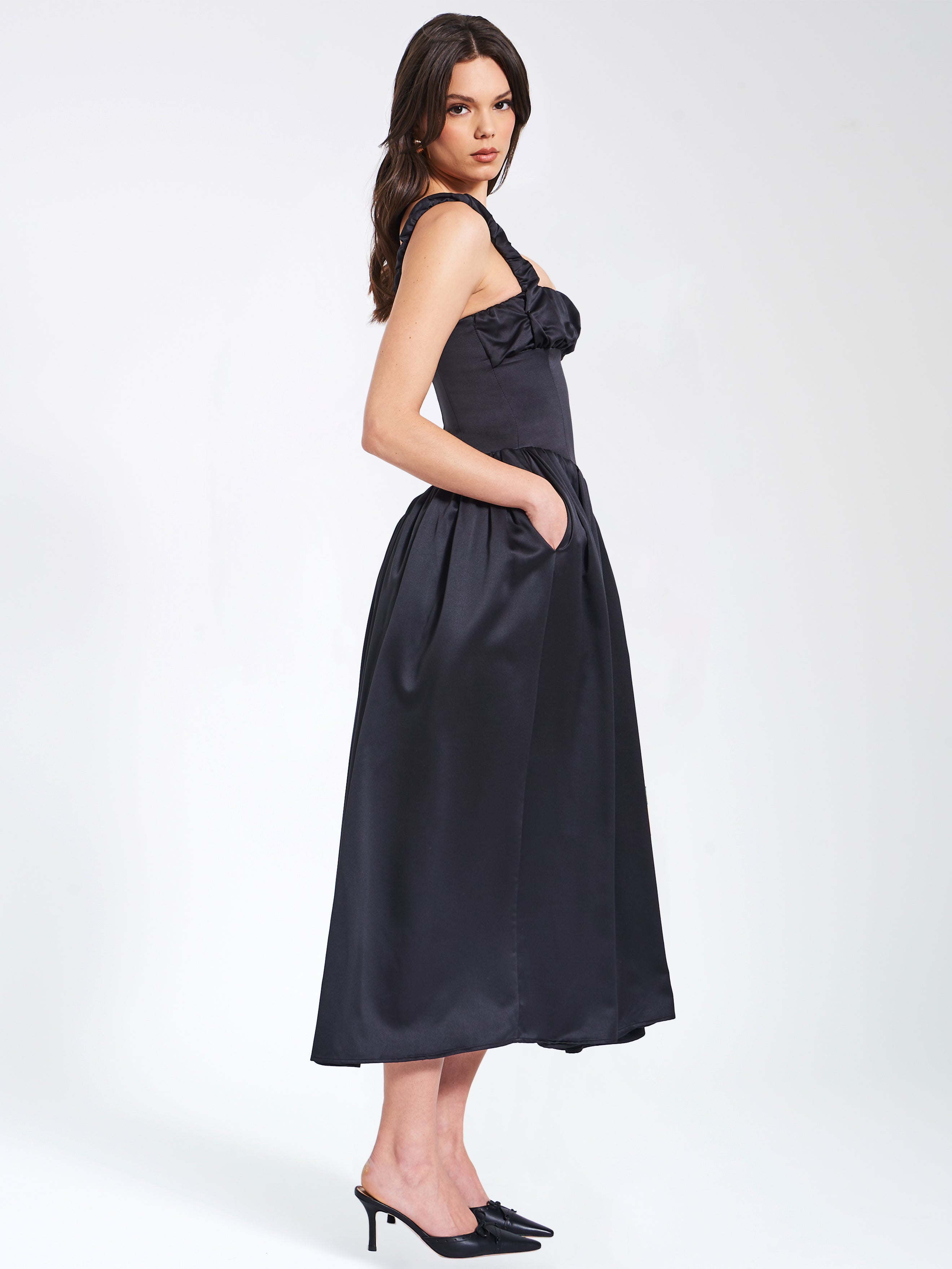 Noreen Black Satin Drop Waist Maxi Sundress Party Cocktail