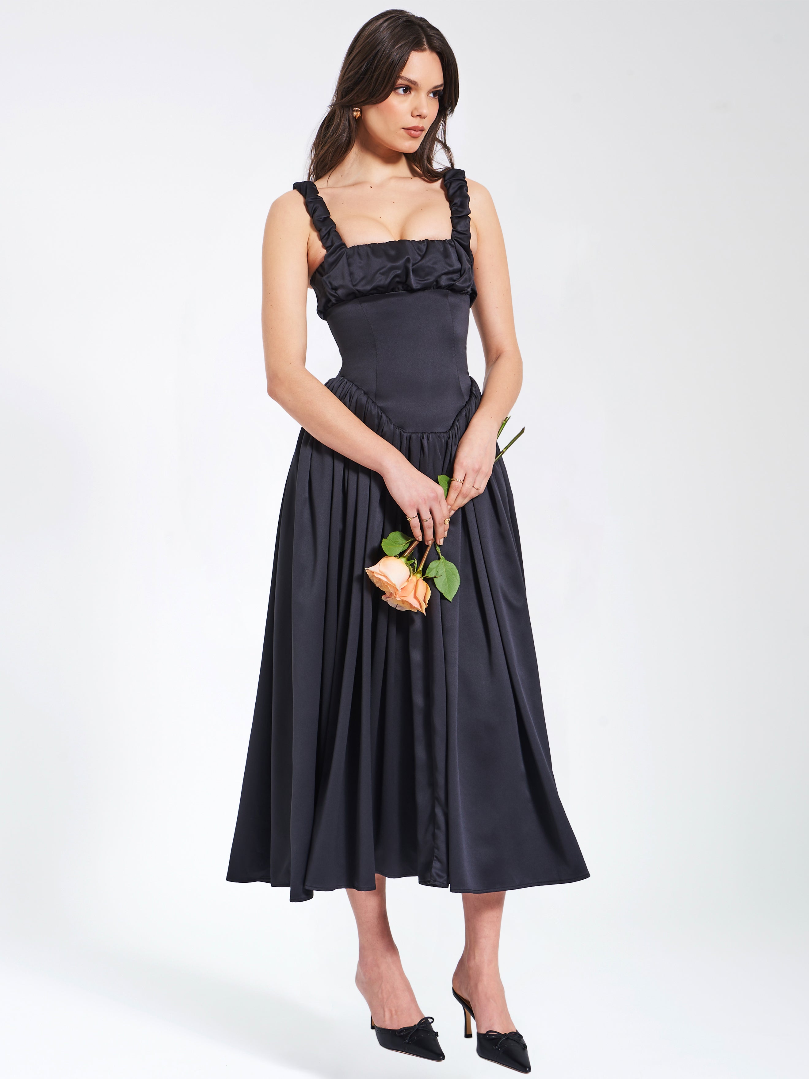 Noreen Black Satin Drop Waist Maxi Sundress Party Cocktail
