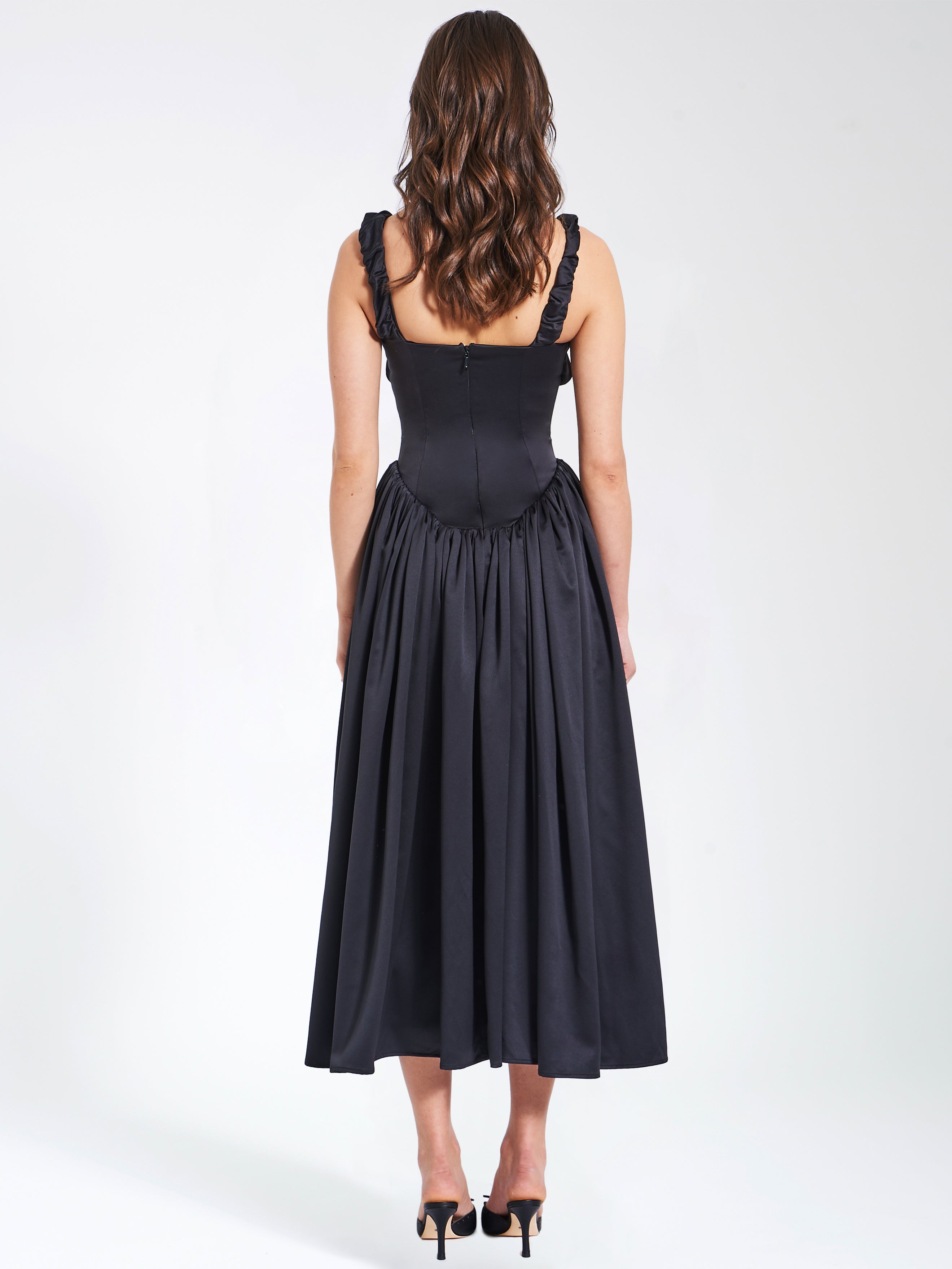 Noreen Black Satin Drop Waist Maxi Sundress Party Cocktail