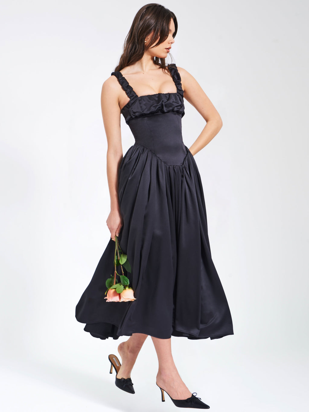 Noreen Black Satin Drop Waist Maxi Sundress Party Cocktail