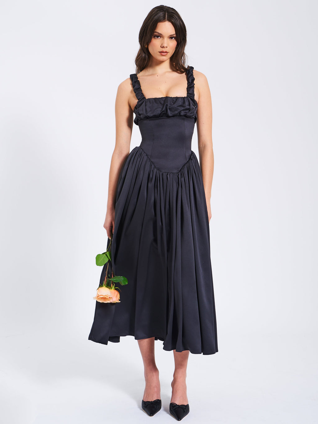 Noreen Black Satin Drop Waist Maxi Sundress Party Cocktail