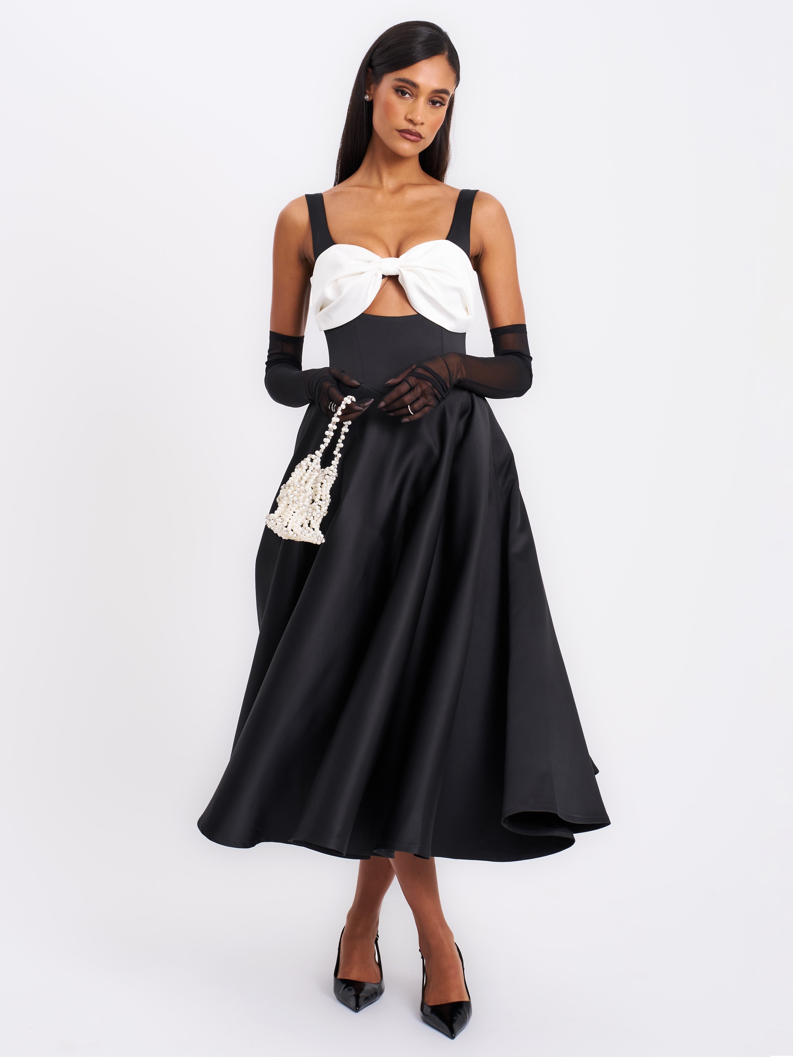 Edda Black Maxi Gown with White Bow Dress Party Formal Cocktail Cruise