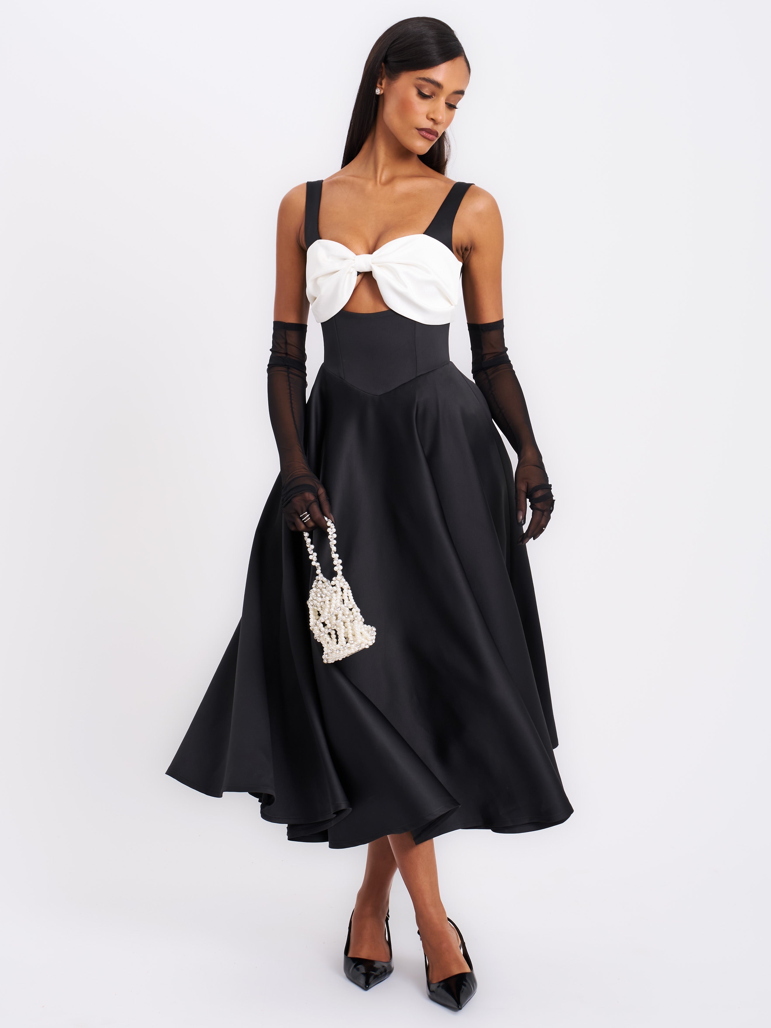 Edda Black Maxi Gown with White Bow Dress Party Formal Cocktail Cruise