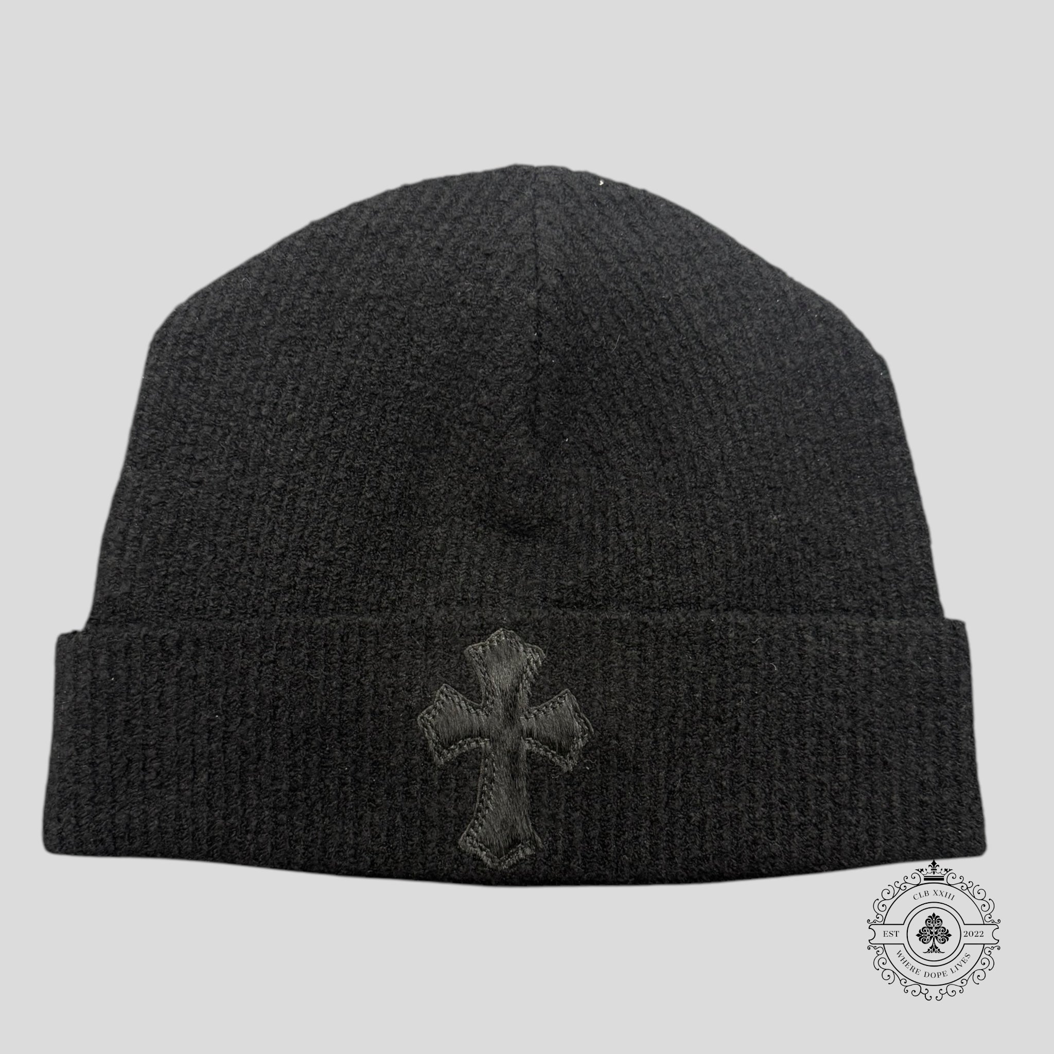 Chrome Hearts Pony Hair Cross Patch Beanie in Black men's unisex hat toboggan