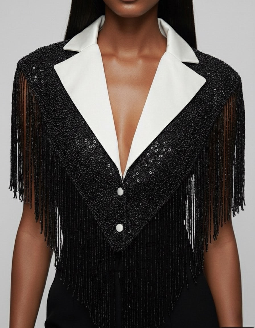 The Strategist Cape Black White Beaded  Shawl Evening Dressy Formal