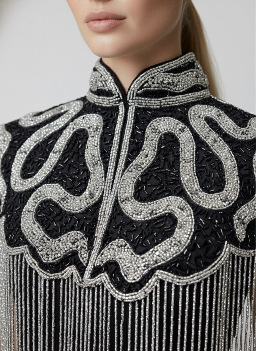 Noir Sovereign Cape Wrap Shawl Beaded Formal Evening Dressy Black Silver