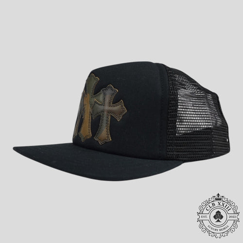 Chrome Hearts Leather Triple Cross Trucker Hat in Black/Camo cap men's unisex leather