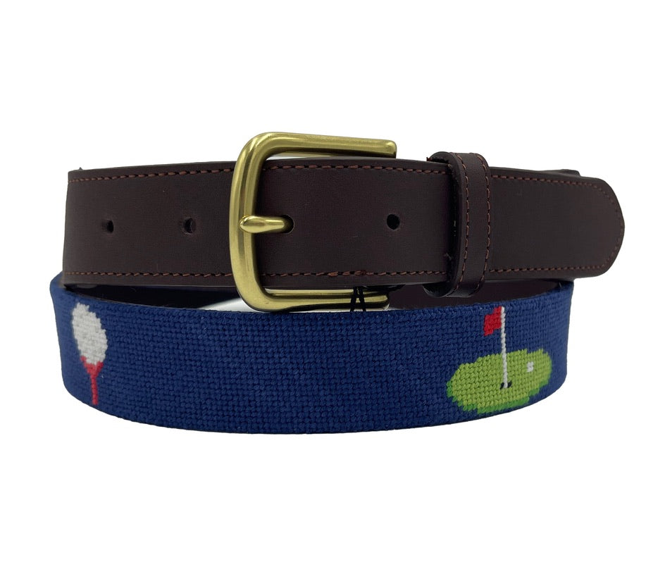 Charleston Belt Golf Green Gator Croc Leather Hand-stitched Needlepoint Belt Navy men's