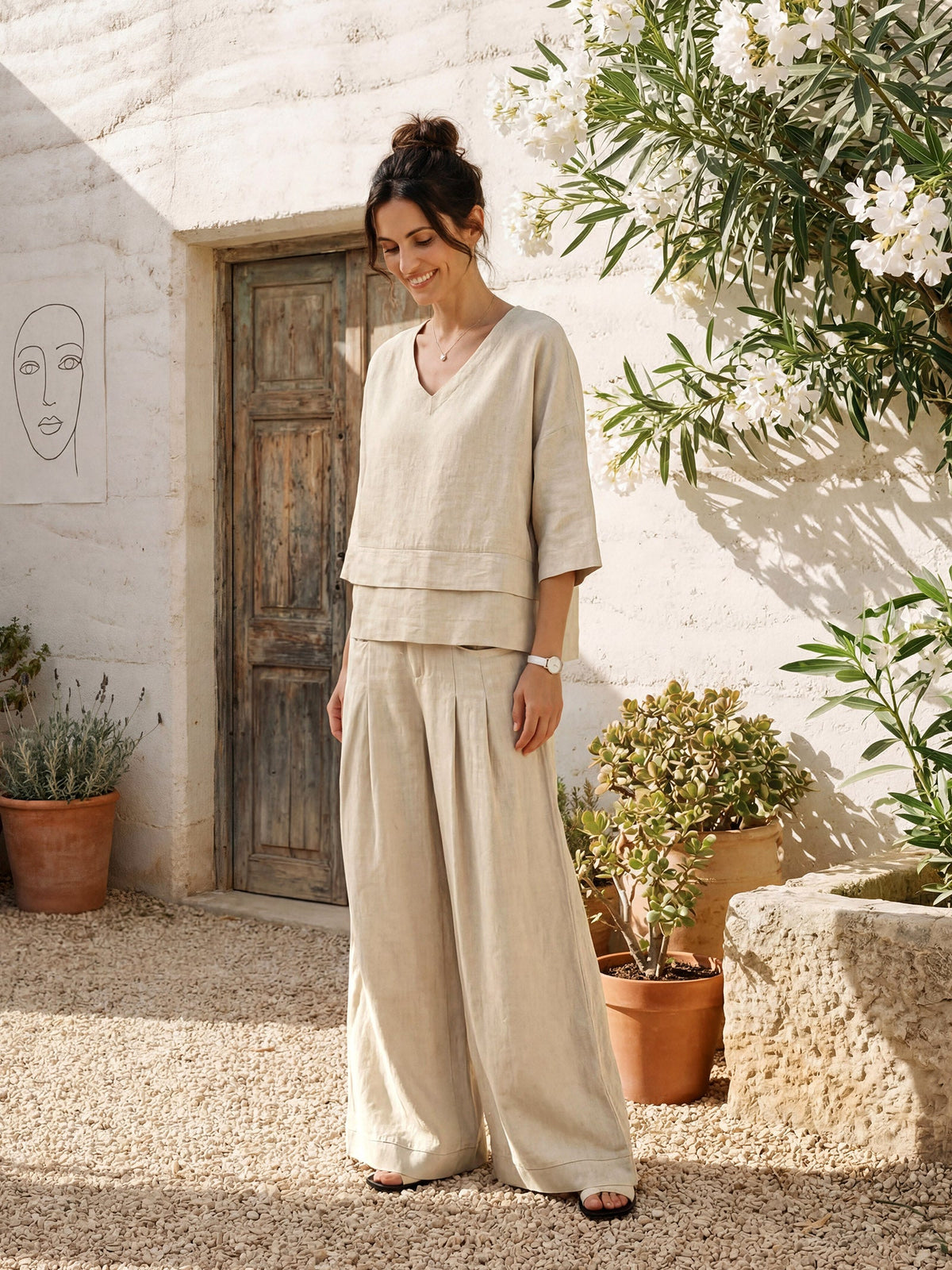100% Linen Sculpted Pleat Elasticated Back Relaxed Pants VERIDIANA slacks