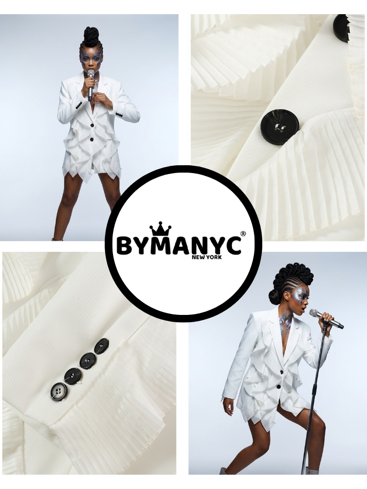 BRYANT Pleated Ruffle Blazer | Couture BYMANYC ® New York ladies white