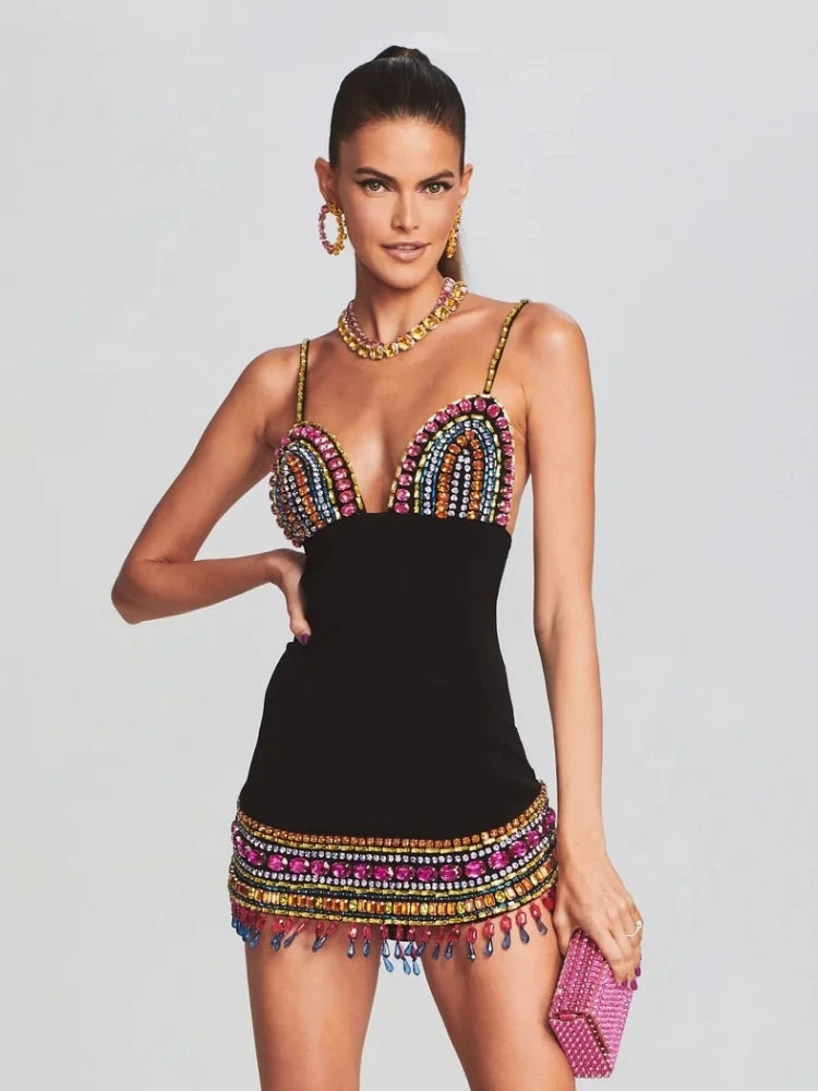 Black Crystal Bandage Bodycon Dress with Diamonds For Women, V-Neck, Meatpacking District, BYMANYC New York.