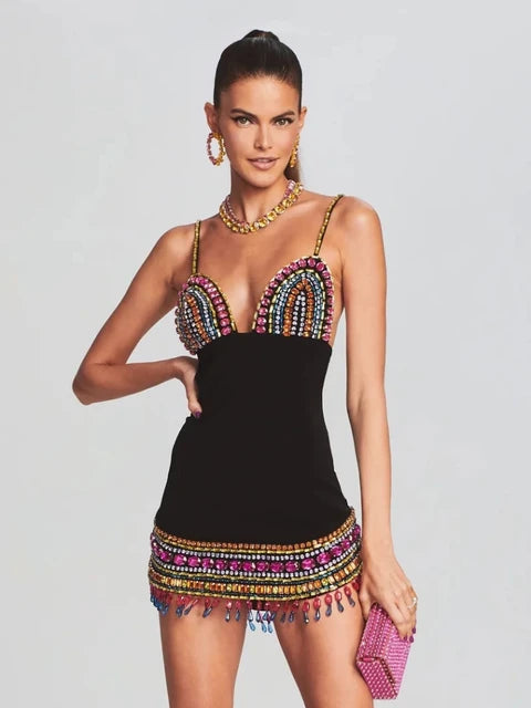 Black Crystal Bandage Bodycon Dress with Diamonds For Women, V-Neck, Meatpacking District, BYMANYC New York.
