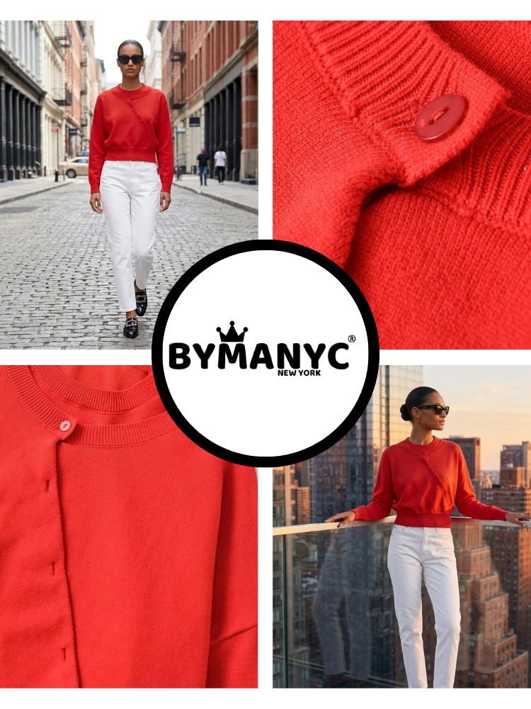 CHELSEA ladies Asymmetric Button Sweater Prêt-à-Porter BYMANYC ® New York RED