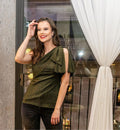 The Ritz-Carlton one-shoulder bow blouse top lurex sparkle cocktail black gold tunic