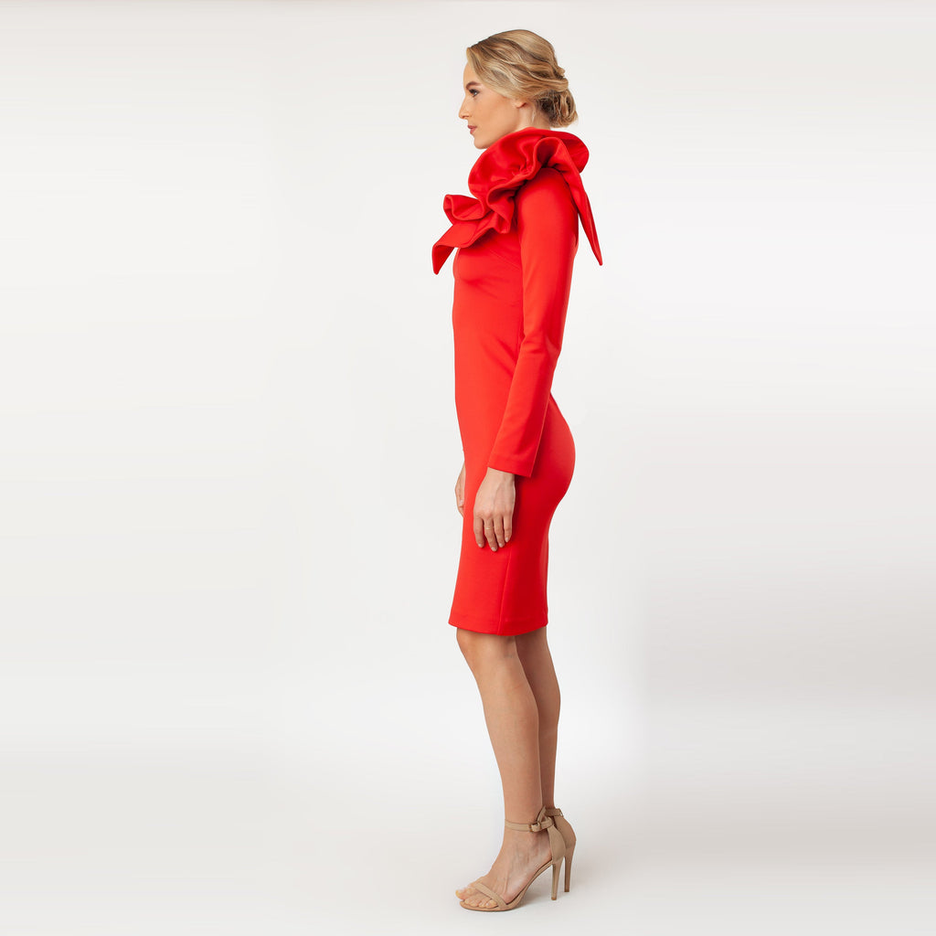 Asymmetric Ruffled Shoulder Sheath Red one shoulder ruffle dress