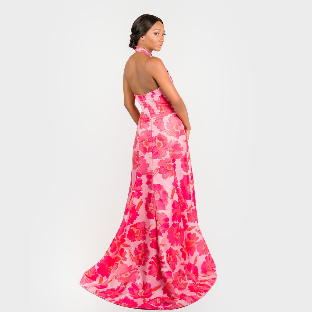 The Halter Neck Classic long pink orange formal Gown party wedding taffeta high slit