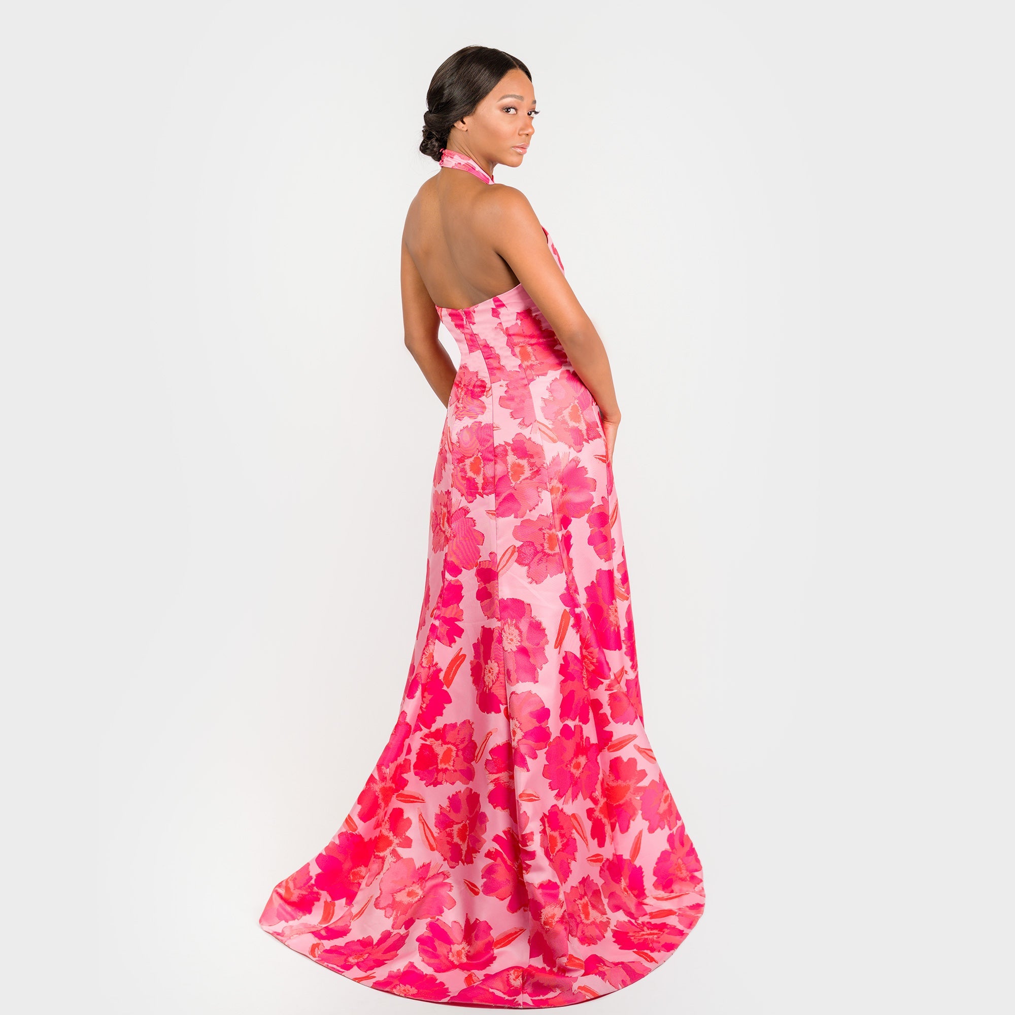The Halter Neck Classic long pink orange formal Gown party wedding taffeta high slit