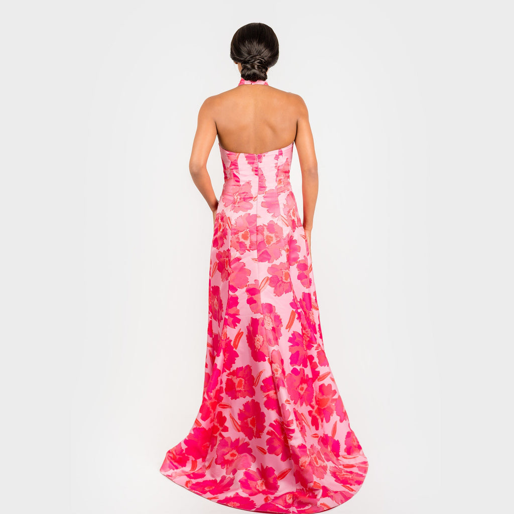 The Halter Neck Classic long pink orange formal Gown party wedding taffeta high slit