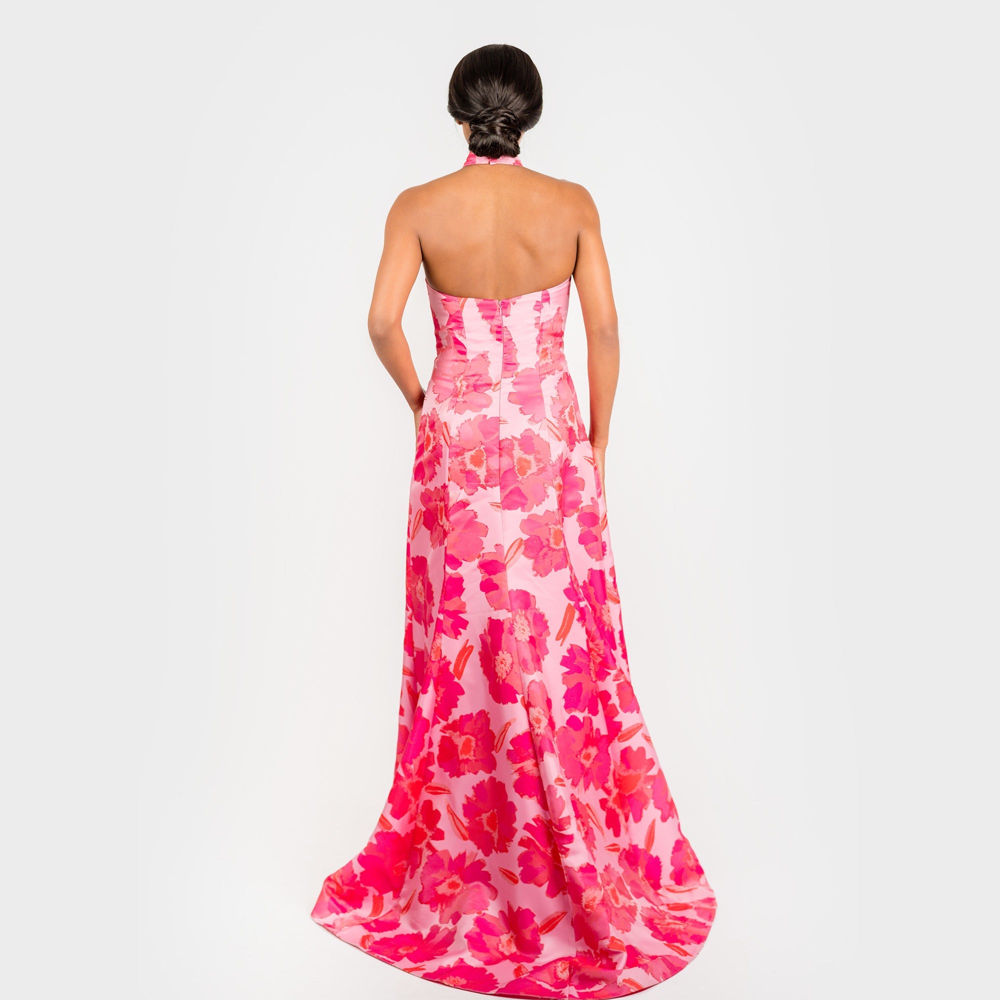 The Halter Neck Classic long pink orange formal Gown party wedding taffeta high slit