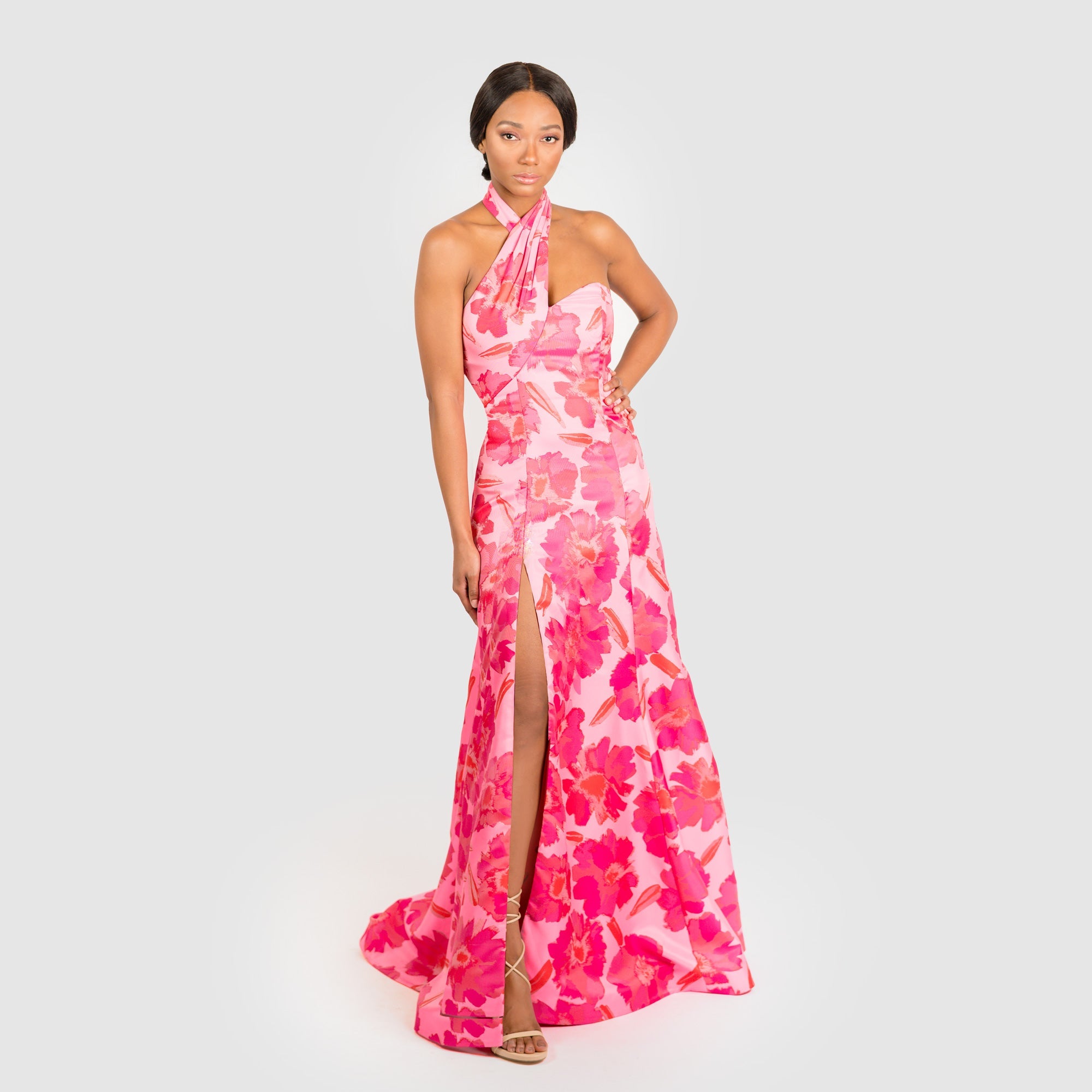 The Halter Neck Classic long pink orange formal Gown party wedding taffeta high slit