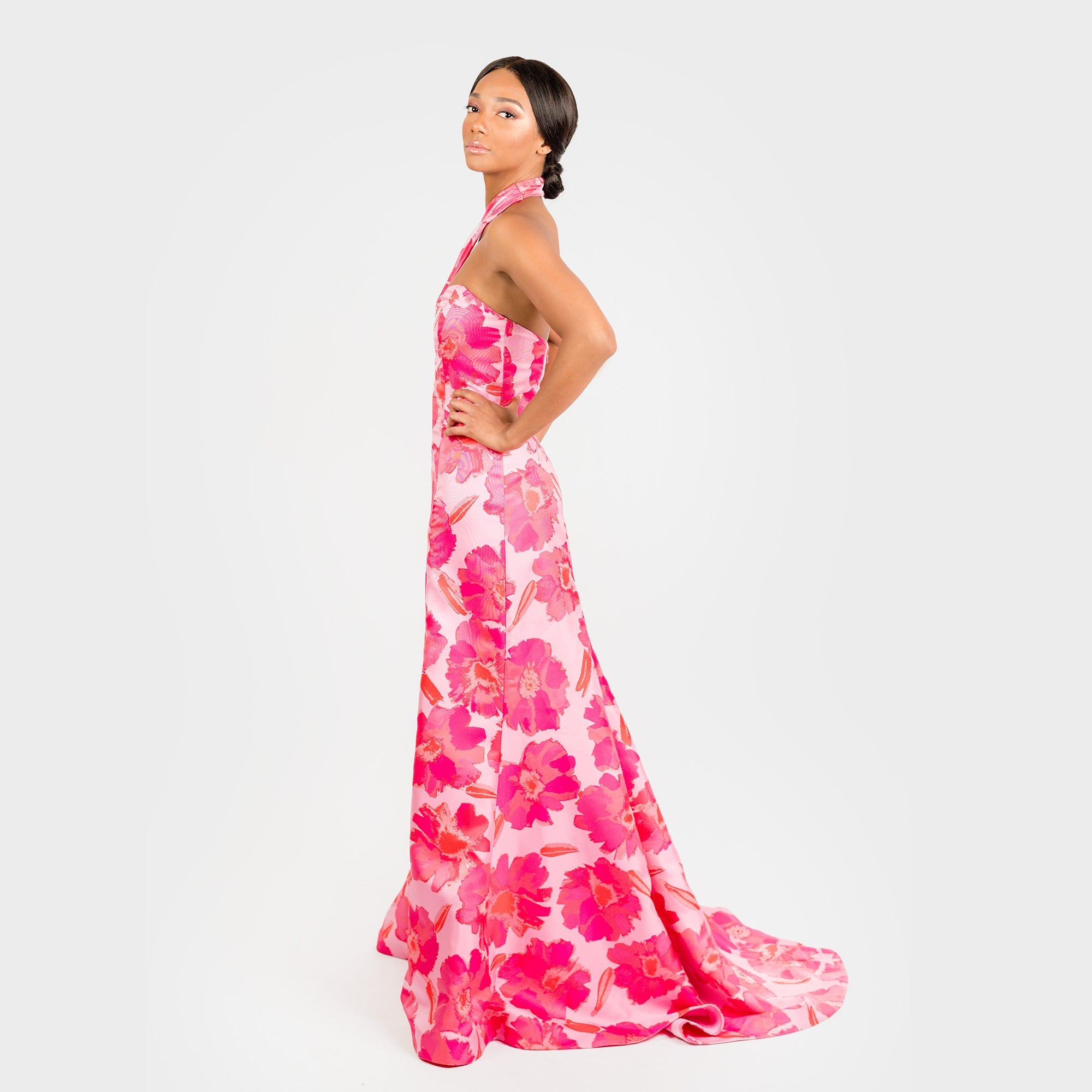 The Halter Neck Classic long pink orange formal Gown party wedding taffeta high slit