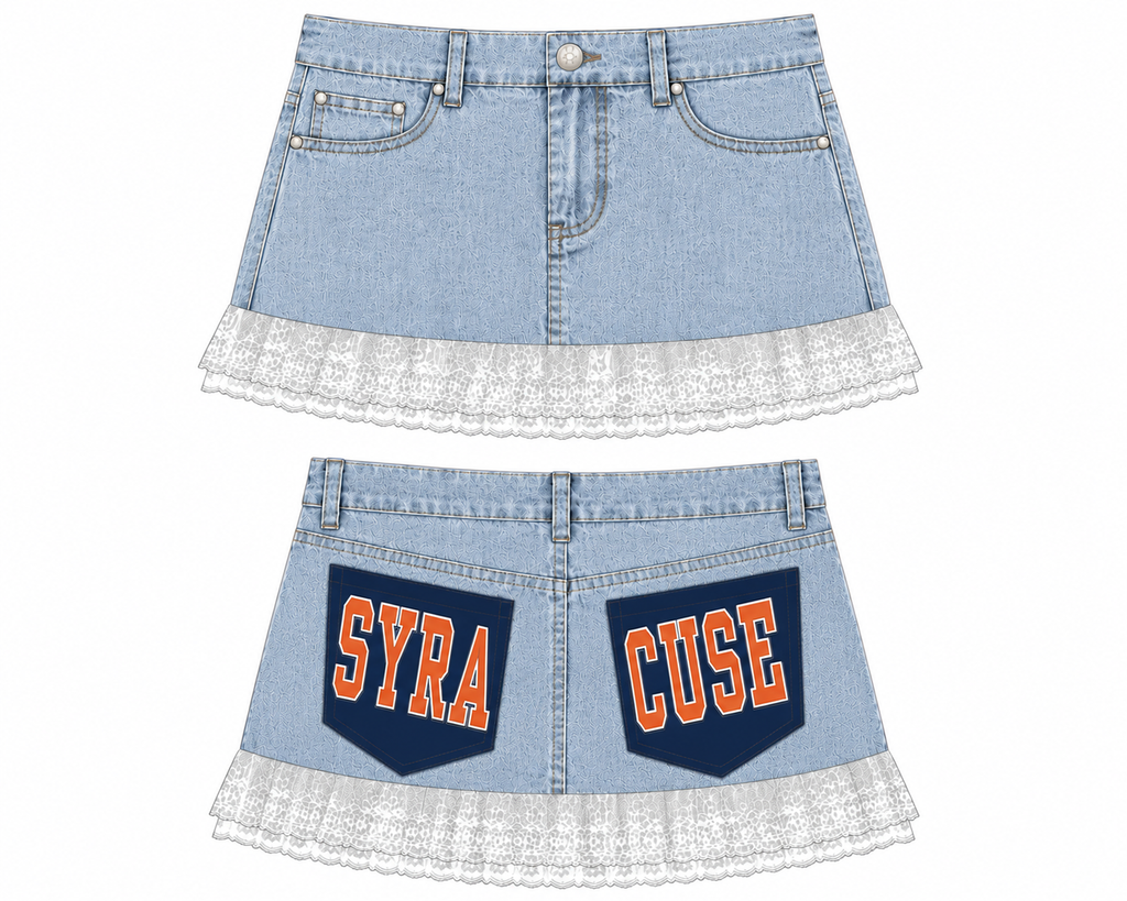 Syracuse Pocket Mini Denim Skirt (2 pocket) Logo lace hem blue jean ladies