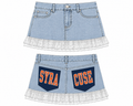Syracuse Pocket Mini Denim Skirt (2 pocket) Logo lace hem blue jean ladies