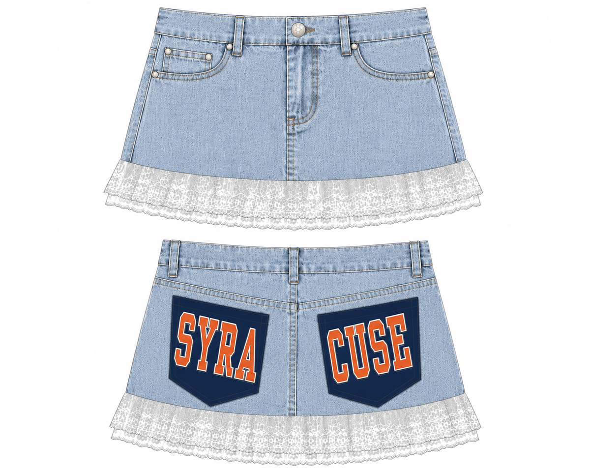 Syracuse Pocket Mini Denim Skirt (2 pocket) Logo lace hem blue jean ladies