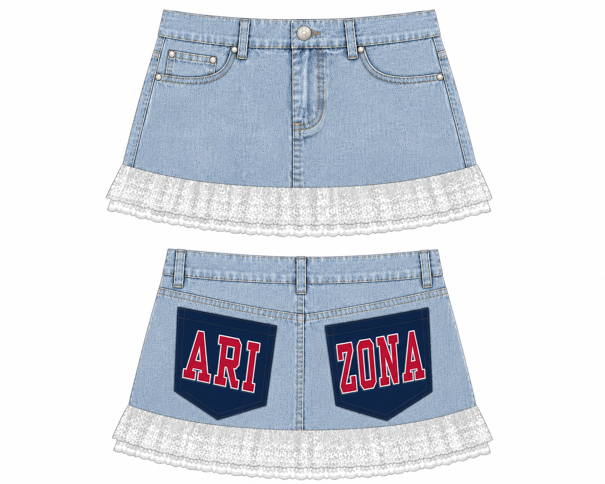 AriZona Wildcats Double Pocketed Denim Mini Skirt Blue Jean U of A lace hem Ladies