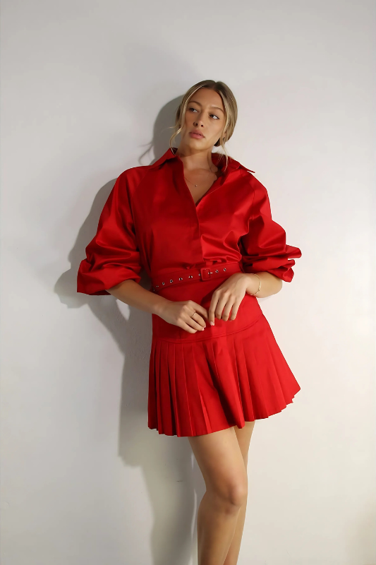 Passion in Paris Bubble Sleeve Skirt Set Red pleated
