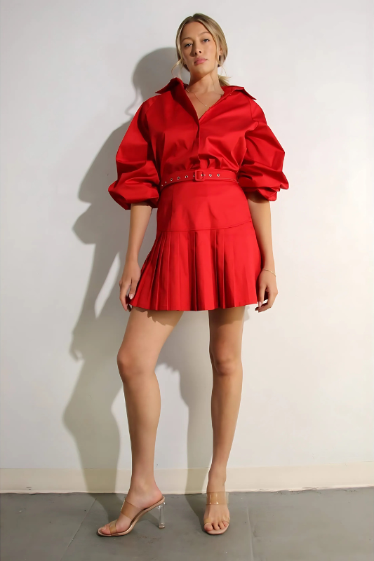 Passion in Paris Bubble Sleeve Skirt Set Red pleated