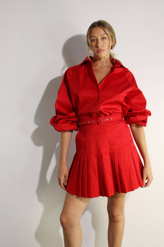 Passion in Paris Bubble Sleeve Skirt Set Red pleated